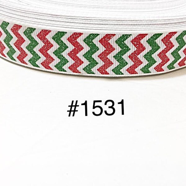 3 or 5 yard - 7/8" Glitter Red and Green Chevron on White Grosgrain Ribbon Hair bow Craft Supply