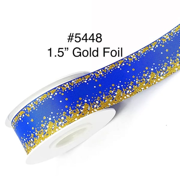 3 or 5 yard - 1.5" Gold Foil and White Polka Dot on Royal Blue Grosgrain Ribbon Hair bow Craft Supply