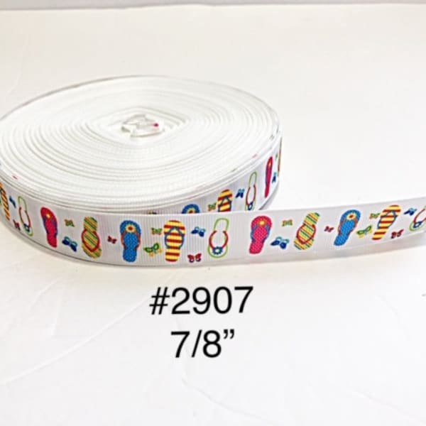 3 or 5 yard - 7/8" Multi Color Summer Sandal or Flip Flop on White  Grosgrain Ribbon Hair bow Craft Supply