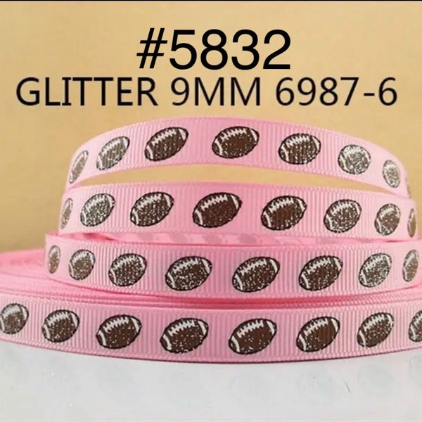 3 or 5 yard - 3/8" Glitter Sport Football on Pink Small Grosgrain Ribbon Hair bow Craft Supply