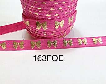 3 or 5 yard - 5/8" Gold Gold Bow on Hot Pink Fold Over Elastic FOE Headband Hair Accessories Craft Supply