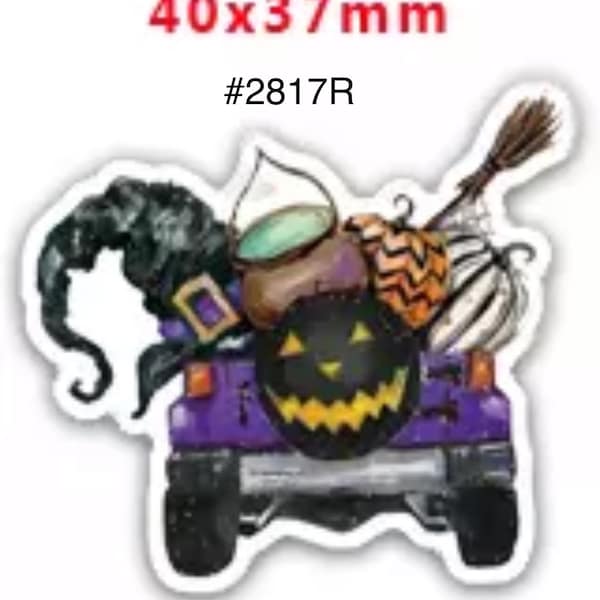 3 or 5 pc Halloween Witch Hat, Broom, Pumpkin and Bucket in Purple Truck Planar Resin Flat back Cabochon Hair Bow Center Craft Supply