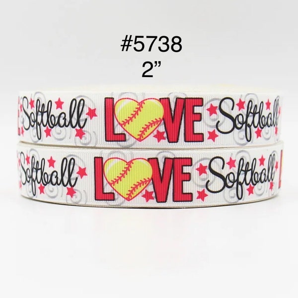 3 or 5 yard - 2" Sport Love Softball w Red Star Motif on White Grosgrain Ribbon Hair bow Craft Supply