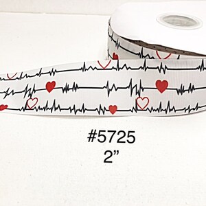 3 or 5 yard - 2&quot; Medical Heart Beat and Red Heart For Doctor or Nurse on White Grosgrain Ribbon Hair bow Craft Supply