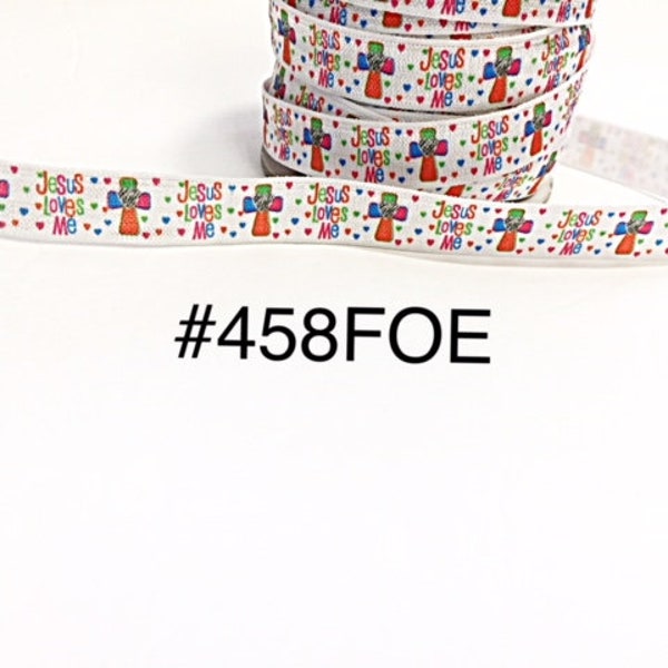 3 or 5 yard - 5/8" Religion Jesus Love Me with Cross and Heart Motif on White Fold Over Elastic FOE Headband Hair Accessories Craft Supply