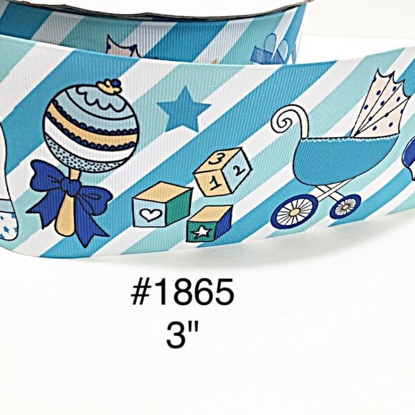 2/3/5 yard - 3" Baby Boy Block Stroller Sock with Blue and White Stripped Jumbo Grosgrain Ribbon Hair Bow Baby Shower craft Supply