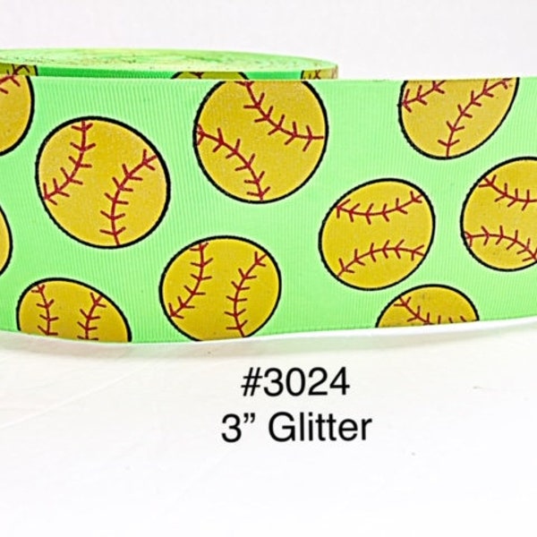 2/3/5 yard - 3" Glitter Sport Softball Jumbo Neon Green Grosgrain Ribbon Hair Bow Cheer Bow Craft Supply