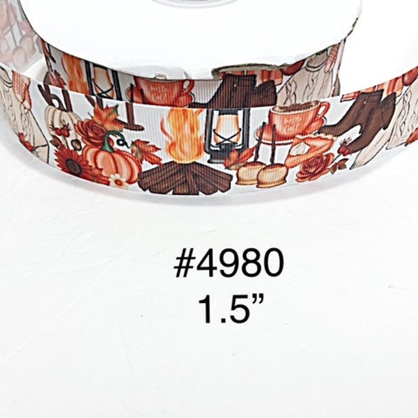 3 or 5 yard - 1.5" Camping Camp Fire, Pie, Coffee, Pumpkin, Fall Leaf, Boot and Sweater on White Grosgrain Ribbon Hair bow Craft Supply