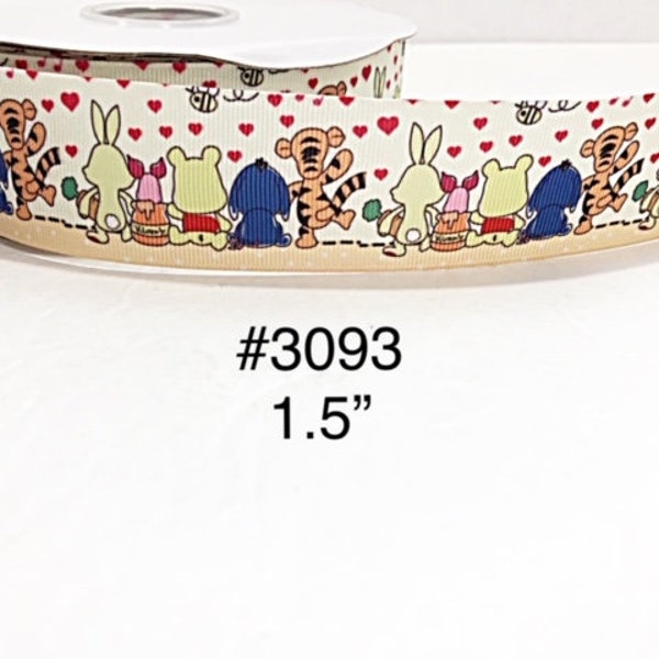 3 or 5 yard - 1.5" Animal Winnie The Pooh Bear and Friends with Heart Motif on White Grosgrain Ribbon For Hair bow Craft Supply