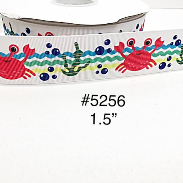 4 yards - 1.5" Ocean or Sea Creature Red Crab On White  Grosgrain Ribbon Hair bow Craft Supply