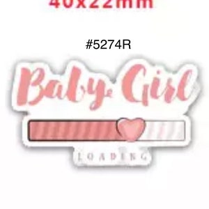 May include: A sticker with the words "Baby Girl" in pink script above a loading bar design. The bar is pink and white with a heart, and the word "LOADING" is below. The sticker measures 40x22mm.
