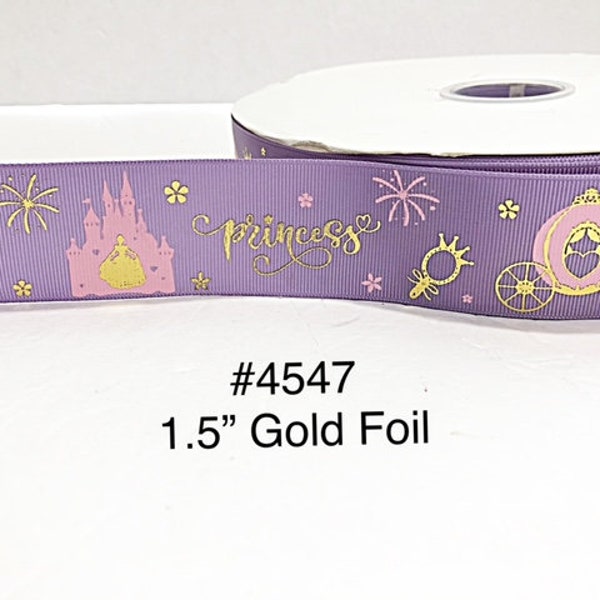 3 or 5 yard - 1.5" Gold Foil Princess Cinderella, Castle and Carriage on Purple Grosgrain Ribbon Hair bow Craft Supply
