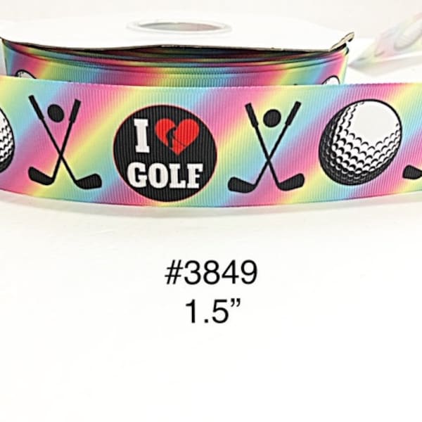 3 or 5 yard - 1.5" Sport I love Golf with Ball and Stick Motif on Ombre Grosgrain Ribbon Hair bow Craft Supply