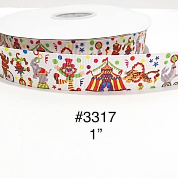 3 or 5 yard - 7/8" Circus Clown, Elephant, Monkey & Tent with Polka Dot on White Grosgrain Ribbon Hair bow Craft Supply