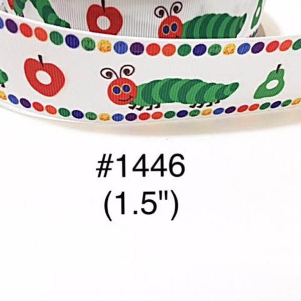 3 or 5 yard - 1.5" Hungry Caterpillar with Apple on White Grosgrain Ribbon Hair bow Craft Supply