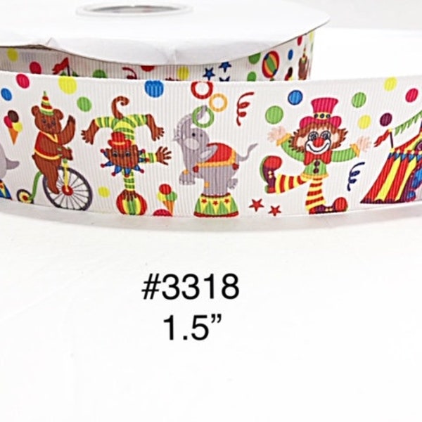 3 or 5 yard - 1.5" Circus Clown, Elephant, Monkey & Tent with Polka Dot on White Grosgrain Ribbon Hair bow Craft Supply