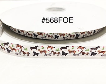 3 or 5 yard - 5/8" Farm Animal Horse and Flower on White Fold Over Elastic Headband Hair Accessories Craft Supply
