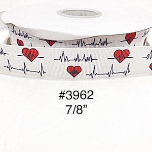 2 yard - 7/8&quot; Medical Heart Beat With Red Heart Motif For Doctor or Nurse on White Grosgrain Ribbon Hair bow Craft Supplies