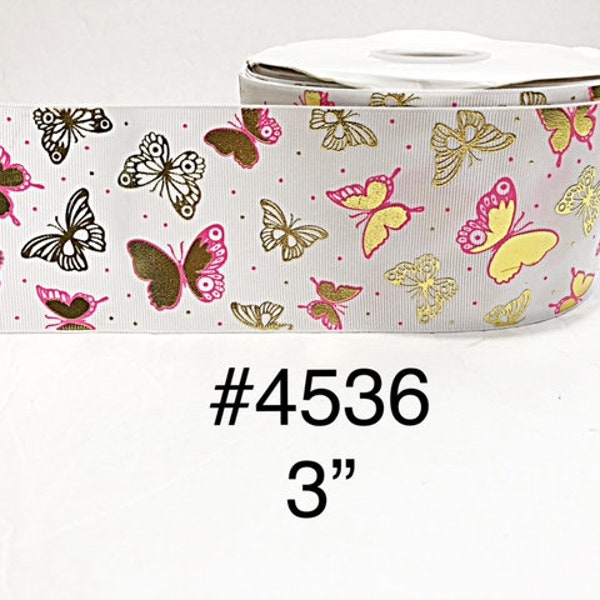 2/3/5 yard - 3" Gold Foil Insect Butterfly on White Jumbo Grosgrain Ribbon Craft supply