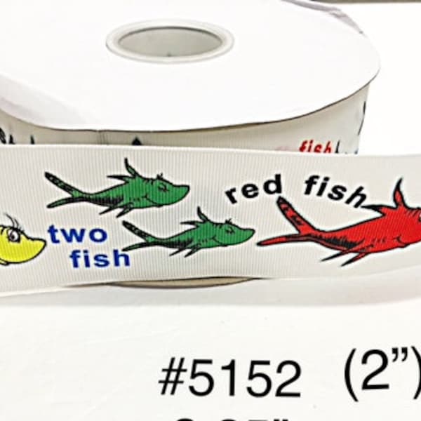 3 or 5 yard - 2" Pet Red Fish Blue Fish One Fish Two Fish on White Grosgrain Ribbon Hair bow Craft Supply