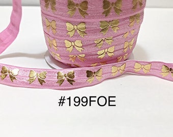 3 or 5 yard - 5/8" Gold Gold Bow on Pink Fold Over Elastic FOE Headband Hair Accessories Craft Supply