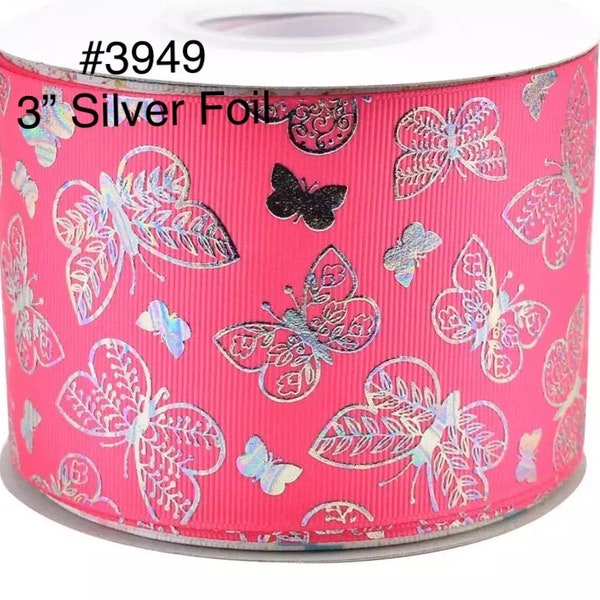 2/3/5 yard - 3" Silver Foil Insect Butterfly on Neon Pink Jumbo Grosgrain Ribbon Craft supply