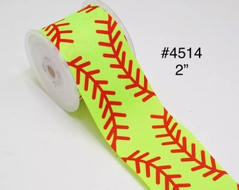 3 or 5 yard - 2" Sport Softball with Double Red Lace on Neon Yellow Greenish Grosgrain Ribbon Hair bow Craft Supply