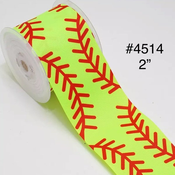 3 or 5 yard - 2" Sport Softball with Double Red Lace on Neon Yellow Greenish Grosgrain Ribbon Hair bow Craft Supply