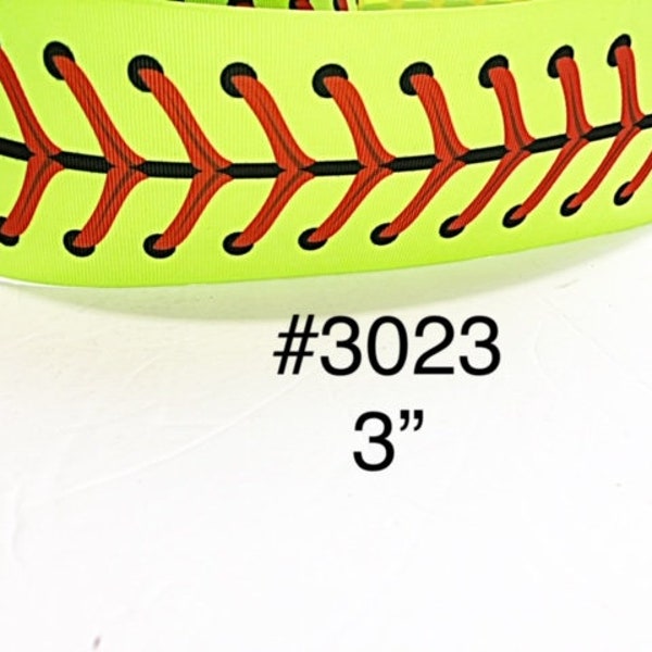 2/3/5 yard - 3" Sport Softball with Single Red Lace on Neon Green Jumbo Grosgrain Ribbon Hair Bow Cheer Bow Craft Supply ( NOT GLITTER)