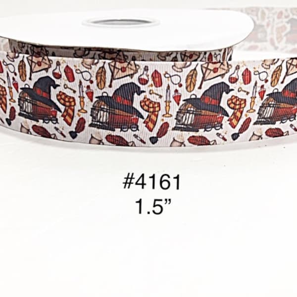 3 or 5 yards - 1.5" Red and Orange Magic Wizard White Owl, Sorting Hat, Treasure Boxon White Grosgrain Ribbon For Hair bow Craft supply