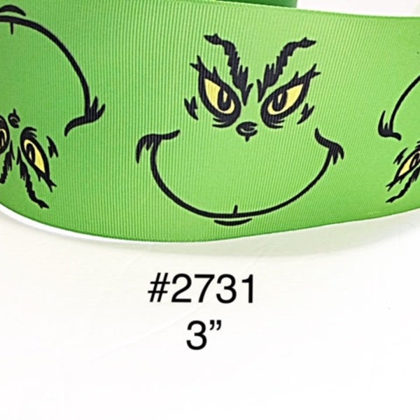 2/3/5 yard - 3" Christmas Grinch Face on Green Jumbo Grosgrain Ribbon Cheer Bow Craft Supply