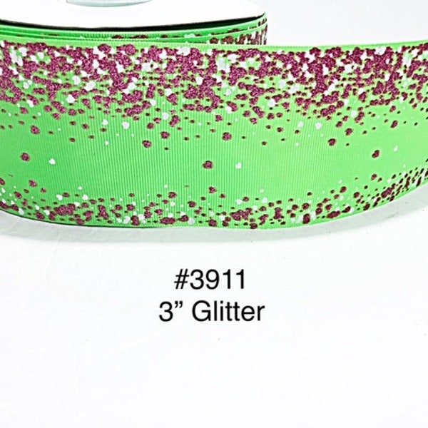 2/3/5 yard - 3" Glitter Pink and White Polka Dot on Neon Green Jumbo Grosgrain Ribbon Craft supply