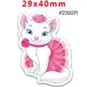 May include: A white cartoon cat with blue eyes, wearing a pink tutu and a heart-shaped crown. The cat has a pink rose on its collar. The sticker measures 29x40mm.