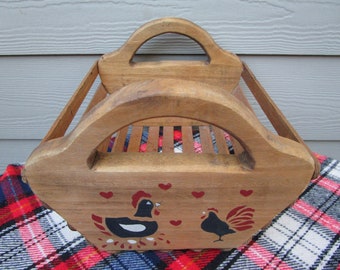Adorable Vintage Folkart Rooster and Chicken Basket for your Farm Decor Kitchen.