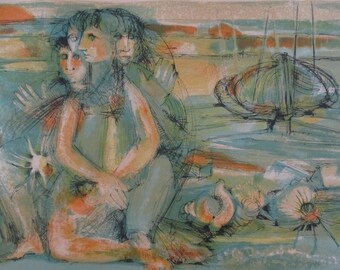 Mid-Century LITHOGRAPHIC PRINT, Signed #70/200, Jean Camberoque, titled " Man and Woman."