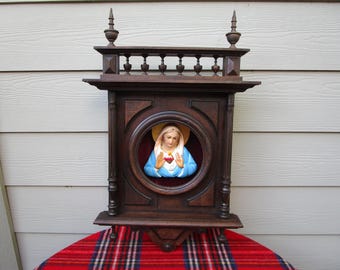 Antique Wooden Clock Case as a RELIGIOUS NICHE, with Vintage Sacred Heart of Mary.