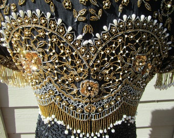 Vintage Lillie Rubin Couture Black Silk Dress: Beaded Holiday Gown with Shawl