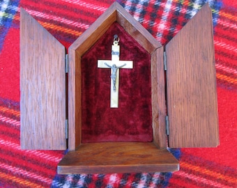 1930's Small Wooden Handmade Travel Altar, TRIPTYCH, with Jesus on a Vintage Cross.