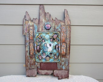 ART PIECE, Mixed Media, Assemblage, Handmade by Patsy. River rocks and painted Faces with Aged BARN Wood.