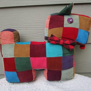 Vintage 1990&#39;s Adorable Scottie Dog, Handmade Pillow, made with multicolored-Corduroy Fabric.