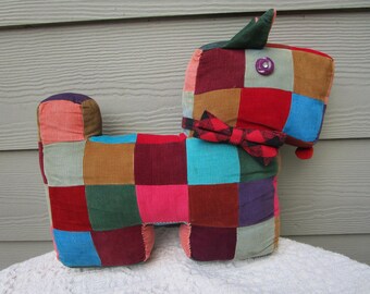 Vintage 1990's Adorable Scottie Dog, Handmade Pillow, made with multicolored-Corduroy Fabric.