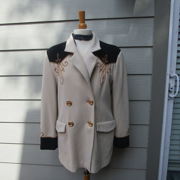 WOOL, Western Style Blazer from FOCUS 2000, by Charles Glueck. Beige and Black with Gold Appliques!