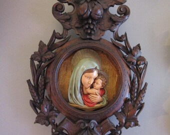 Antique German Black Forest Hardwood Repurposed Clock Case with Mary and Jesus.