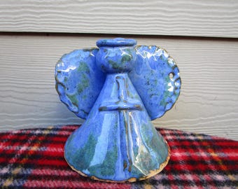 Vintage Handmade Clay Fired Blue Angel Figurine for Holiday Cheer.