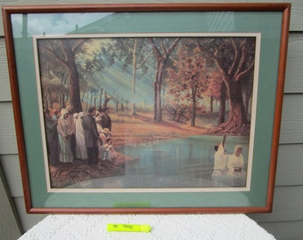 Beautiful Print from Ray Batchelor, Titled, " The Baptism", Signed Print, Beautiful River Baptismal and Congregation.