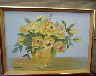 Vintage Framed Painting of Yellow Roses with Shiny Stones, Signed Davida.