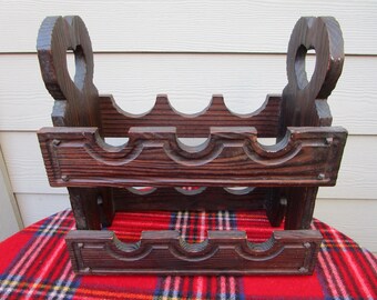 Handmade 1970 SPANISH, Brutalist, Style Solid Wood, 6 Bottle Wine Rack.