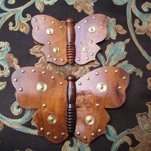 Vintage Set of Wooden Handmade Butterflies, with Brass Decorative embellishments.