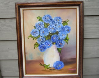 Vintage, Signed, Floral OIL Painting, beautiful CORNFLOWERS, in a White Iridescent Vase, 1975.