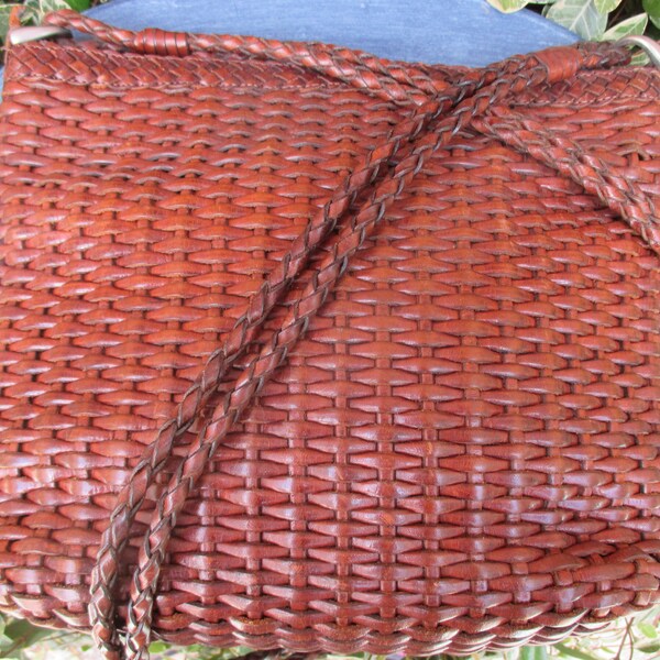 Soft Vintage GEM, Leather Woven Pattern Handbag with Long Braided Double Strand Handles, 1980-90's